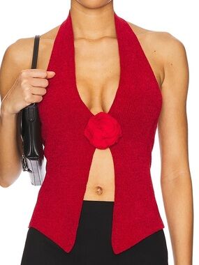 With Jean Red Halter Knit Top with Rose Accent in Small